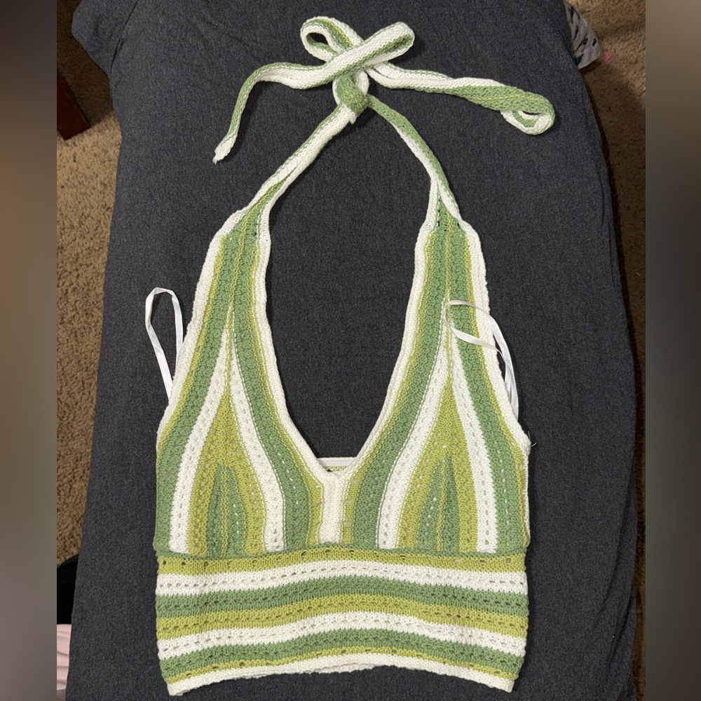 Hollister Green and White Knit Halter Top